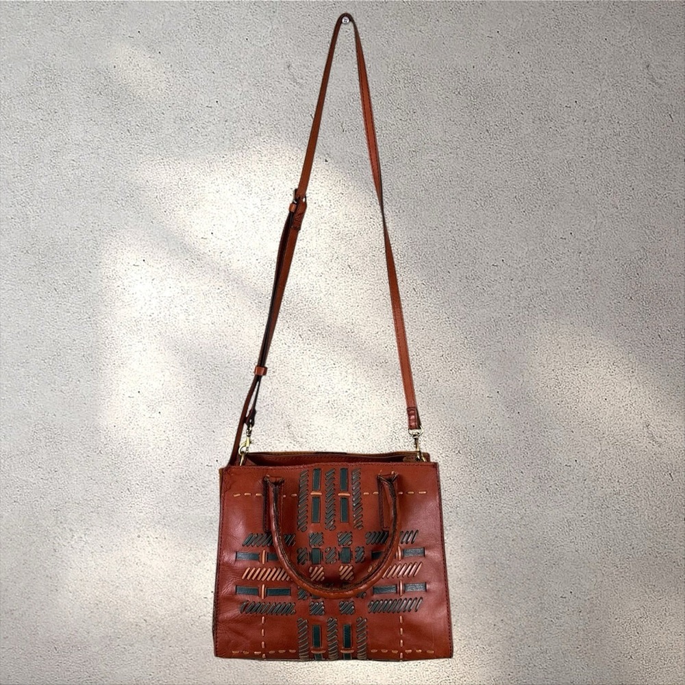 Patricia Nash Woven Plaid Mozia Satchel Brown Top Handle Bag Detachable Strap - Picture 2 of 8